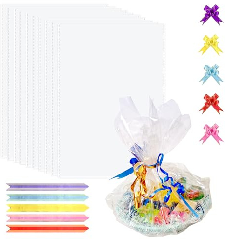 CONNECTION 10 Pezzi Sacchetti Regalo in Cellophane 100 x 70 cm Set Di Grandi Pellicole Regalo con 10 Fiocchi Sacchetti Cellophane Trasparenti per Feste Regali Cesti Fiori Frutta Snack Artigianato