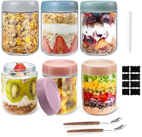 Nircho Overnight Oats Jar 6 Pcs, 500ml Glass Containers With Sealed Screw Lids, Overnight Oats Container, Wide-Mouthed Sealed Food Storage Container for Grains, Yogurt, Fruits, Candies and Jams