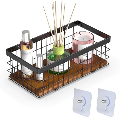 Alyoen Cesta de alambre con base decorativa de madera, cesta metálica negra para papel higiénico, cosméticos y especias, cesta de pared para baño y cocina