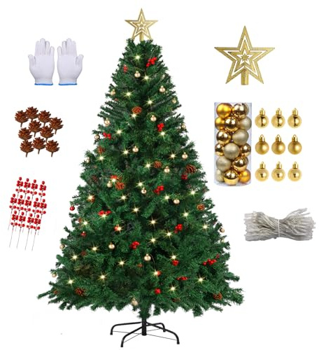 Wivico 6FT Artificial Xmas Tree Set 180CM Christmas Trees with Decorations Included 1100 Tips & 10m LED Lights & Pine Cones & Baubles & Star Topper - Realistic Home Decor Festive Ready