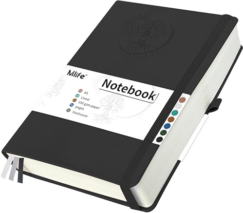 Mlife A5 Linjerat Anteckningsblock Med Livets Träd-Motiv, 360 Sidor, 100 G/M² Linjerat Papper, Anteckningsblock Med Pu-Omslag, Resårband, Pennhållare, 3 Bokmärken, 14,6 * 21,3 Cm (Svart)