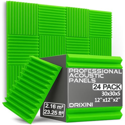 DRIXINI Akustiska paneler 30 x 30 x 5 cm – professionellt ljudabsorberande skum för studio, podcast, hem och kontor - set med 6–48 stycken med tejp - Reverb Dämpning och 3D-dekoration (grön, 24 st)