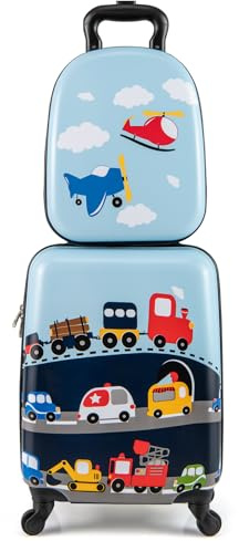 GYMAX 2Pcs Kids Luggage Set, 13 Backpack & 16 Children Hardshell Suitcase with Wheels & Telescopic Handle, Boys Girls Carry On Luggage Set for Travel School (Light Blue)