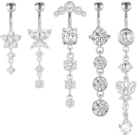 YAWYO Set di 5 Piercing Ombelico, Gioielli Pendenti in Acciaio Inox con Cuore e Fiocco per Donne e Ragazze (Argento)