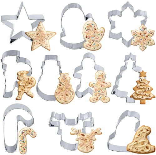Lot de 9 emporte-pièces pour biscuits de Noël, biscuits, gnomes, étoiles, bonhommes de neige, flocons de neige, Père Noël, lune, renne, biscuits de Noël (Noël C)