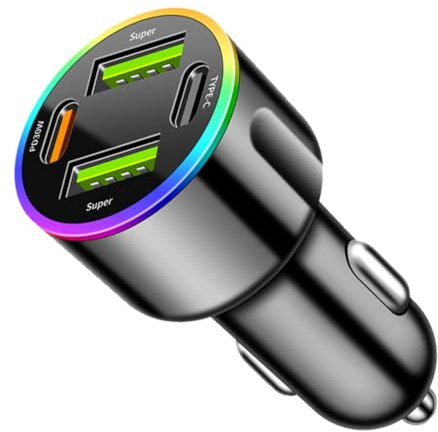 4-Porte Caricatore Auto USB Accendisigari USB Caricabatterie, 60W Caricabatterie Auto Cellulare Dual PD+QC3.0 Adattatore con LED, Compatibile con iPhone, Android, Samsung, Tablet, ecc (Colorato)