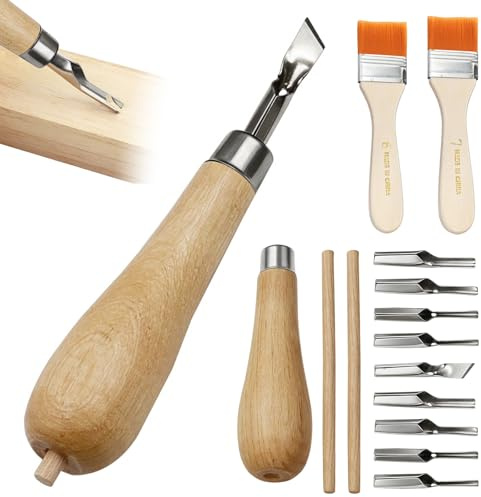 SNSYGN 2 Set Lino Cutting Tools, Wood Handle Lino Printing Kit with 2 Cleaning Brush, Linoleum Cutter Tools for Printmaking Wood Carving Sculpture and Handicrafts Projects