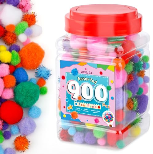 JUAYING 900 PCS Pom Poms, Pompoms for Crafting, Craft Pom Poms in Jar | Assorted Pompom Mini Pom Poms for Bags, Hats DIY Crafts Home Decorations Arts Projects