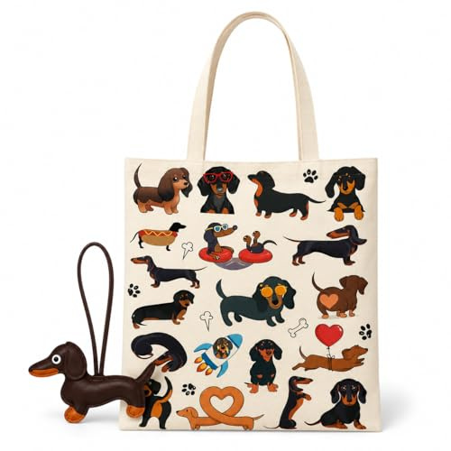 BIVYAX Grand Sac en Toile Teckel avec Porte-Clés Cuir, 34x38 cm Tote Bag Cabas pour Courses et Plage, Sac Fourre-Tout Léger et Pliable avec Motif Chien, Cadeau Original pour Amoureux des Animaux