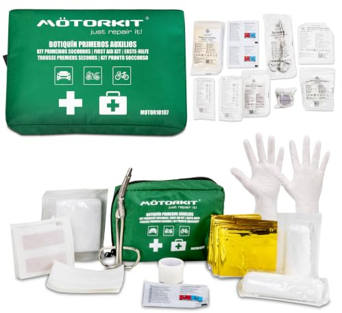 Motorkit Trousse de premiers secours pour voiture, moto et vélo. Kit d'urgence compact et portable. Comprend une couverture thermique, des bandages stériles, des bandes adhésives...