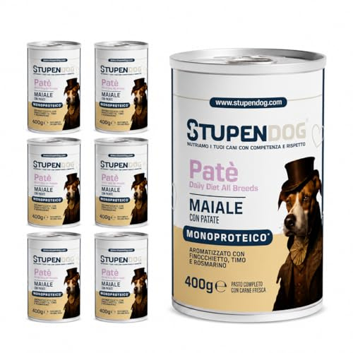 STUPENDOG Paté para perros monoproteico de cerdo con patatas – 97% de cerdo fresco, sin cereales, alta digeribilidad y sabor natural – Alimento húmedo sin cereales para perro adulto (6 paquetes – 400