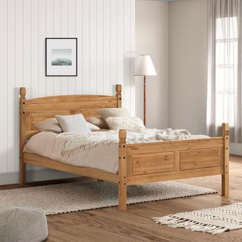 Corona 4'6 High Foot End Double Bed Frame Solid Wood Pine Wooden Slats Footboard Mexican 116cm High 146cm Wide 206cm Deep