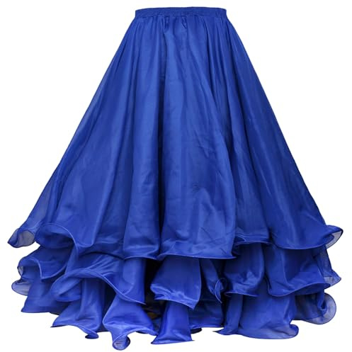 BellyLady Belly Dance Skirt Halloween Tribal Chiffon Tiered Maxi Full Skirt 37.8 Inch Length-NavyBlue