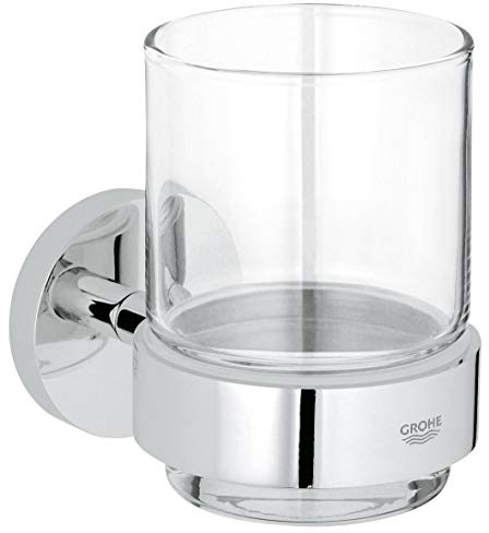 GROHE Essentials - Glas mit Halter (Material: Glas/Metall, verdeckte Befestigung, zum Bohren oder kleben) Chrom, 40447001