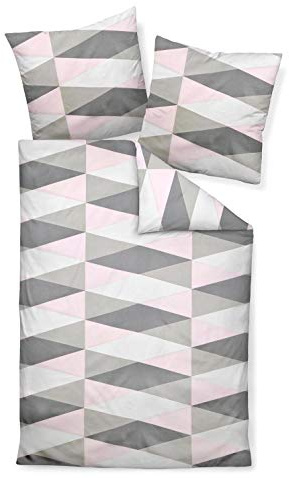 Janine Bettwäsche Set J.D. 87014 01 Rosa Taupe Grau Geometrie Dreieck Raute Modern Baumwolle Mako Satin, Größe:135 cm x 200 cm