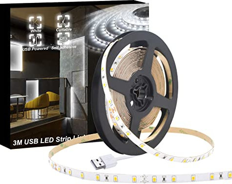 WOWLED LED Strip Lights, 3M USB LED White Strip Light, Pulg & Play, 9.8ft TV Backlights for Bedroom, Kitchen, DIY, Decor Tape Light