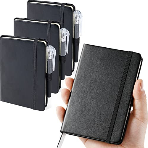 NIRMIRO 3 Stück Mini Notizbuch Notizblock A6 (9,4 x 14,5 cm), Klein Hardcover Notizbuch Mit Stift, Insgesamt 408 Seiten, 100 g/m² Dickem Premium liniertem Papier, Schwarzer Lederbezug