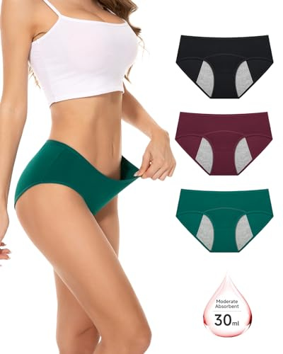 PULIOU Perioden - Ropa interior menstrual para mujer, 25 ml, ropa interior menstrual, ropa interior menstrual, para mujeres y niñas (3 unidades), Negro+verde oscuro+burdeos, S