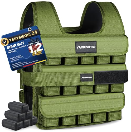 MSPORTS Chaleco de peso premium ajustable de 5 kg a 30 kg, chaleco para correr, para hombre y mujer, chaleco de entrenamiento de fuerza (30 kg, verde militar)