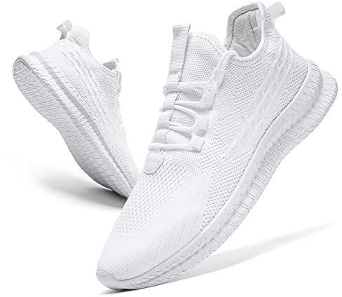 FUJEAK Mens Trainers Shoes Walking Running Gym Slip on Tennis Sneakers Joggers Sport Casual Outdoor Fashion Jogging Shoes Lightweight Breathable Comfortable White Size 9 UK