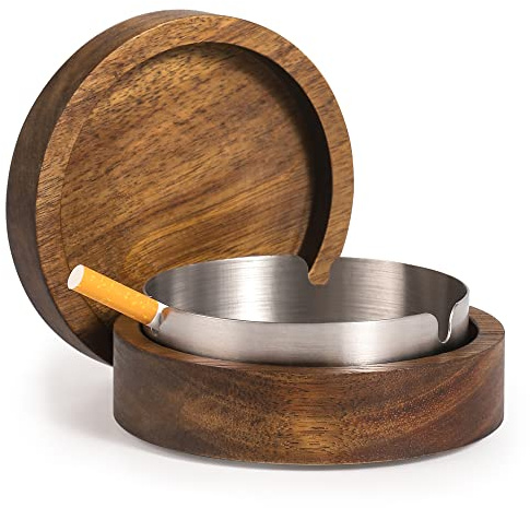 DDAJJAJ Cenicero de madera con tapa para ahumaderos, forro de acero inoxidable, cenicero resistente al viento, duradero, fácil de limpiar, terraza, oficina y hogar (Gris)
