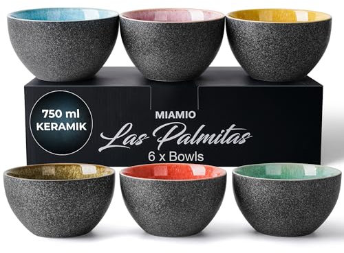 MIAMIO - 750 ml, Schüsseln 6er Set, Keramikschüsseln, Salatschüsseln, Suppenschalen, Müslischüsseln, Servierschüsseln - mikrowellen-, spülmaschinen- und ofenfest - Las Palmitas Collection