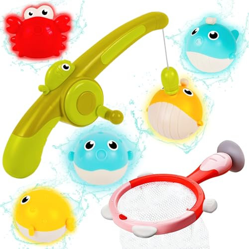 Hanmulee Baby Bath Toys Set, Magnetic LED Light Up Bath Toys Fishing Games with Fishing Rod & Fishing Net, Sensory Development for Infants & Toddler, Bathtub Floating Water Toys for Kids Boys Girls