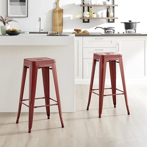 Furniturebox UK Colton 2x Red Metal Bar Stools for Kitchen Or Dining Room Tolix Inspired Design Steel Powder Coated Stackable Lightweight Mid Century Bistro Cafe Industrial Stool Set of 2