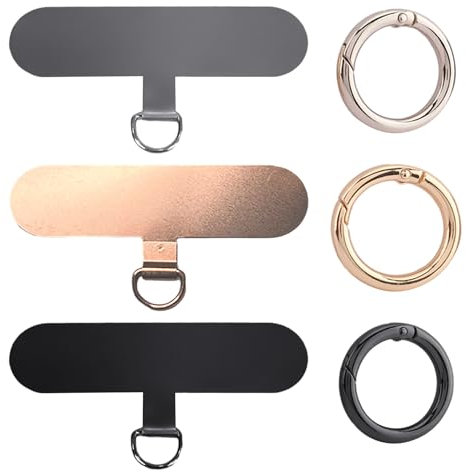 MEMOFYND Pack De 3 Almohadillas Metálicas Para Celular Con 3 Hebillas Circulares, Cadena Para Celular, Funda Universal Para Celular (Oro Rosa, Plata, Negro)