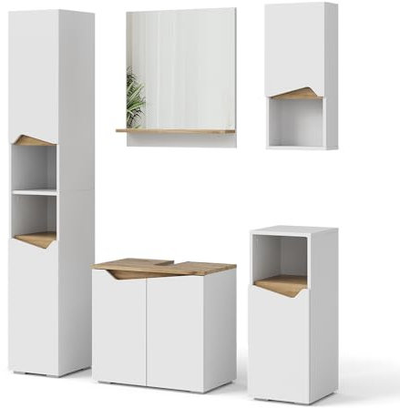 Vicco Badmöbel-Set Weiß Marelle, bestehend aus Bad Spiegelschrank, Midischrank, Hängeschrank, Waschbeckenunterschrank, Hochschrank - Praktische Aufbewahrung für Badutensilien