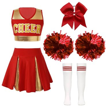 Miaeowve Kids Girls Cheer Leader Costume Outfit Set Cheer Team Uniform School Cheerleading Dance Fancy Dress up A Red 9-10 Years