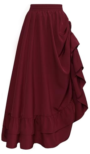 SCARLET DARKNESS Jupe Maxi Médiévale pour Femme Seampunk Taille Haute Victorienne Jupe À Volants Double Couche Vin Rouge L