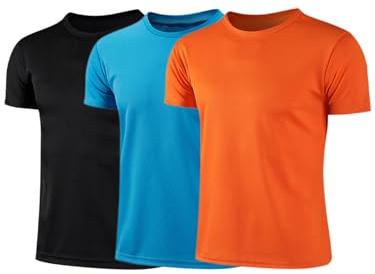 Fldy Kinder Jungen Sport T-Shirt 3er Set Schnelltrocknend Atmungsaktiv Sportshirt Kurzarm Teamsport Multisport Training Shirt Top Schwarz&Blau&Orange 140-146