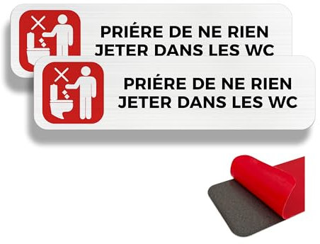 FloraVigo panneau d'avertissement toilettes, 2 étiquettes d'avertissement, 19×5 cm, intérieur/extérieur, panneau aluminium, avec autocollant adhésif (NE RIEN JETER DANS WC)