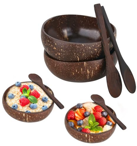 smtfcty Kokosnuss Schalen 2er Set mit Kokos Löffel,Großes Coconut Bowls Set, Natürlich Smoothie Bowl Handgefertigtes Holz Kokosschalen Schüssel Müslischalen/Salatschalen für Haushalt