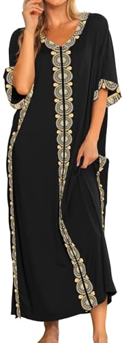 Bloggerlove Cotton House Dress for Women Short Sleeve Summer Nightgowns Long Caftan Loungewear Plus Size Floral Robe Black XL