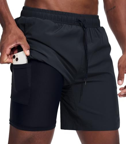 Danfiki Sportbyxor för män, korta löparshorts, korta 2 i 1 löpshorts med inbyggda fickor