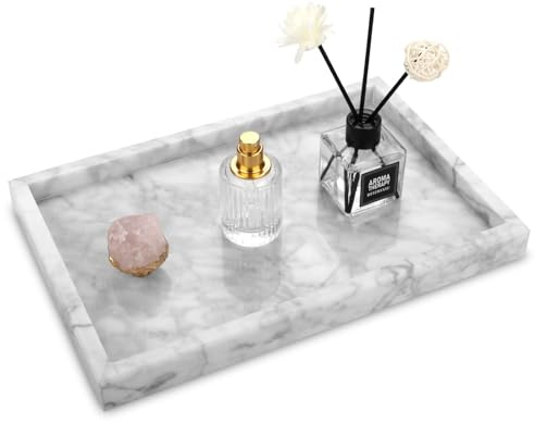 Bandeja Baño Bandeja Mármol Natural Rectangular Antideslizante Bandejas Decorativa para Cosmético, Salón, Dormitorio, Joyas, Velas, Jabón, Toalla (Blanco Carrara, 30 x 20 x 3 cm)