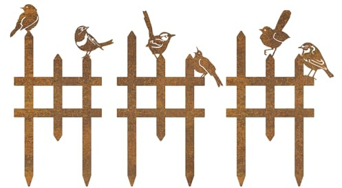 3 Pcs Small Garden Fence with 6 Piece Bird Decoration, Rustic Garden Decor