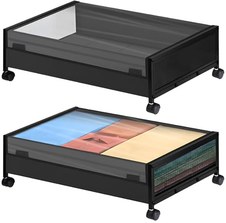 35L Under Bed Storage on Wheels, 2 Pack 360° Rolling Metal Frame Underbed Containers with Clear Lid ,Strong Frame,Visiable Window Storage Bag Box Organizer for Clothes Shoes Toys Blanketss, Black