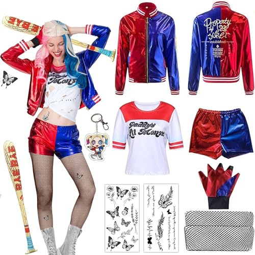 Shengruili Quinn kostym dam, Quinn Cosplay kostymer för vuxna, flickor skurk kostym sats innehåller jacka t-shirt, shorts, handske och ballongsticka, Quinn kostym halloween karneval cosplay