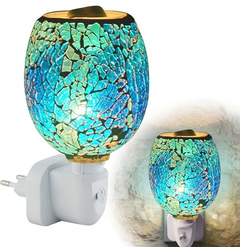 PORFOYO Lampada profumata elettrica plug-in, 220 V, lampada di profumo in vetro elettrico, modello blu, senza fumo, per casa, ufficio, camera da letto, spina europea, luminosità regolabile