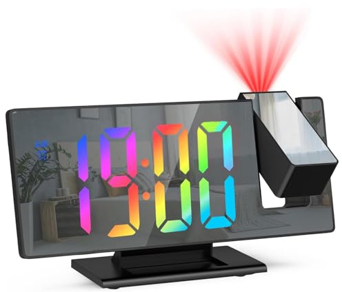 Titifeya Projection Alarm Clocks Digital LED Bedside Clock for Bedroom with Colorful Digit Adjustable Brightness Snooze 12/24H Temperature Mirror Display for Home Office Living Room