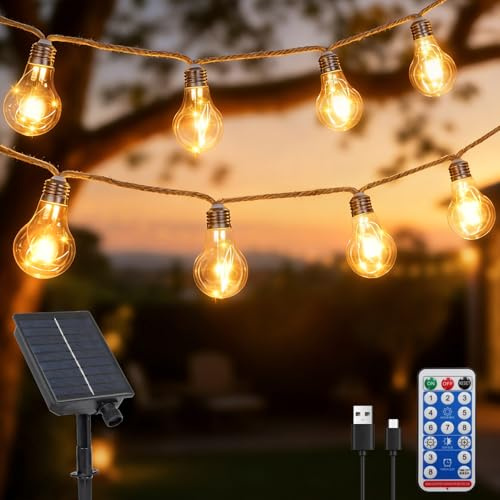 ZAIYW Luci Solari da Esterno per Giardino 10M con Telecomando Timer, Luci a Stringa Solari Corda di Canapa con 20 Lampadine Infrangibili S17, Luci Festoon Impermeabili per Patio Festa Giardino Cortile