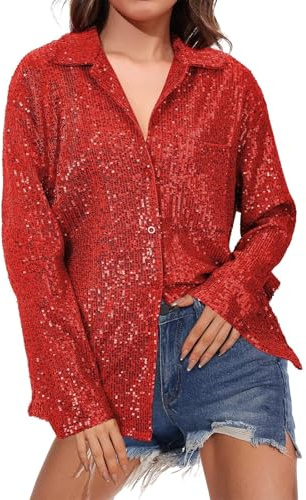 Chaqueta Lentejuelas Mujer Top Fiesta Mujer Brillo Cárdigan Corta Clásico Ropa Blusa Verano 2#Rojo M