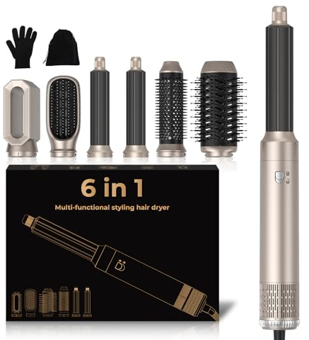 Airstyler 6 en 1 avec fer à friser à air chaud 6 en 1 - Multistyler - Sèche-cheveux ionique - Brosse à air chaud - Cadeau pour femme - Doré