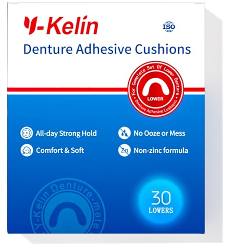 Y-Kelin Lower Denture Adhesive Cushions, Adhesive-Free Denture Pads for Sore Gums, 30 Strips