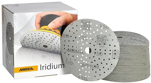 Mirka Iridium Premium carta abrasiva Ø 150 mm a strappo 121 fori, grana 150, 100 pz/Per la levigatura di vernice, stucco, fondo, legno, acciaio, materiali minerali, plastica