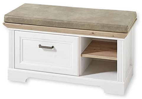 Stella Trading Chaussures Jasmin avec Assise, Aspect Banc rembourré Style Maison de Campagne avec Espace de Rangement pour Couloir et vestiaire, Bois, Pin Clair/chêne Artisan, 93 x 49 x 41 cm
