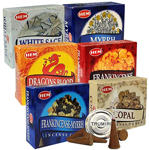 Hem Incense Cones Variety Pack #4 and Inscents-Cones Burner Holder with 6 Most Popular Fragrances - Dragons Blood, Frankincense, Myrrh - Total 60 Scented Cone Incense (6 Scents x 10 Conos)